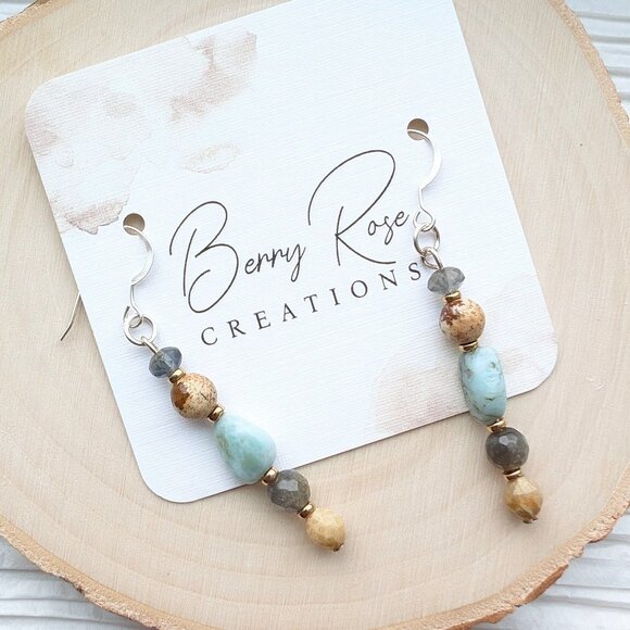 Rustic Larimar and Picture Jasper Silver Hook Dangle Earrings - Picture 2 of 4